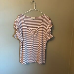 LOFT Red & White Striped Puff-Sleeve V-Neck Tee